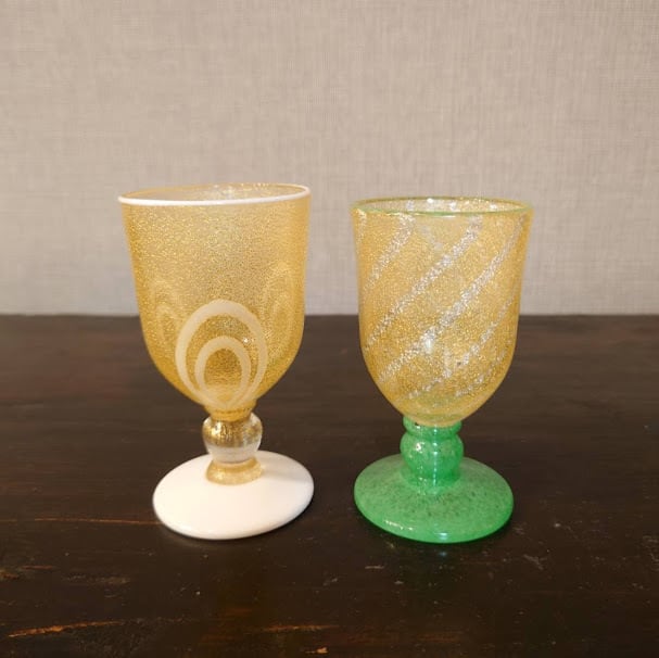 岩田久利 硝子 ガラス 高坏 足付盃 グラス 金白酒器 共箱 作家物