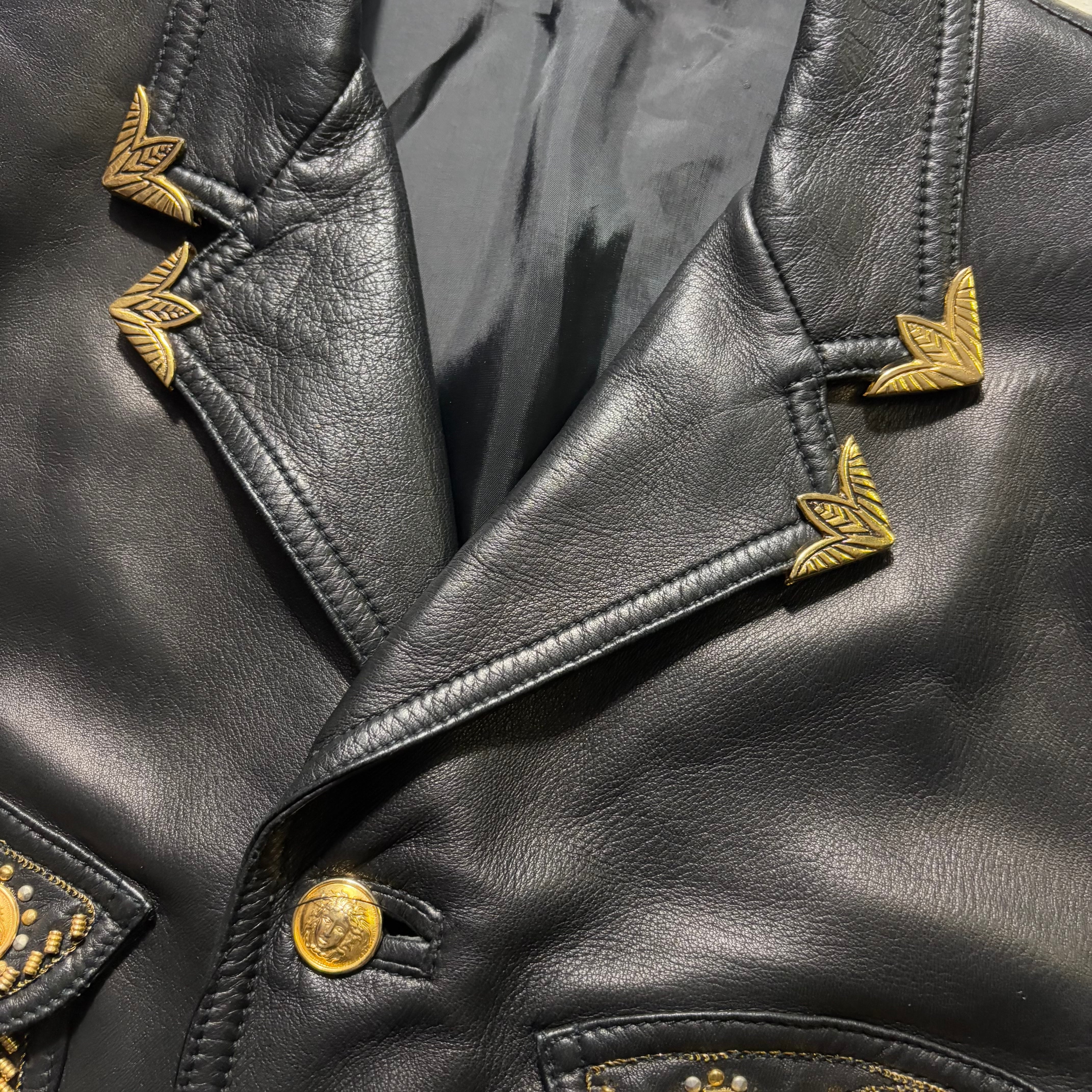 vintage 1993SS GIANNI VERSACE gold studs black leather tailored