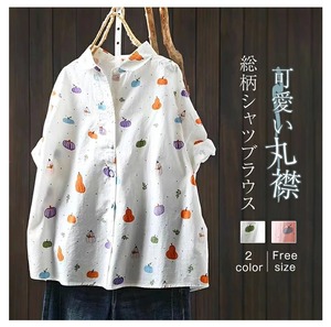 シャツ ブラウス 半袖 夏 綿100％ レディース 2色 フリーサイズ 柄シャツ 総柄 カジュアル おしゃれ かわいい 26LT1037