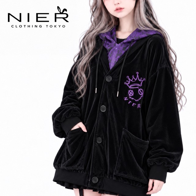 《秋服先取りプレゼント大特価》DOUBLE LAYERED ベロアフードカーディガン【BLACK×PURPLE】
