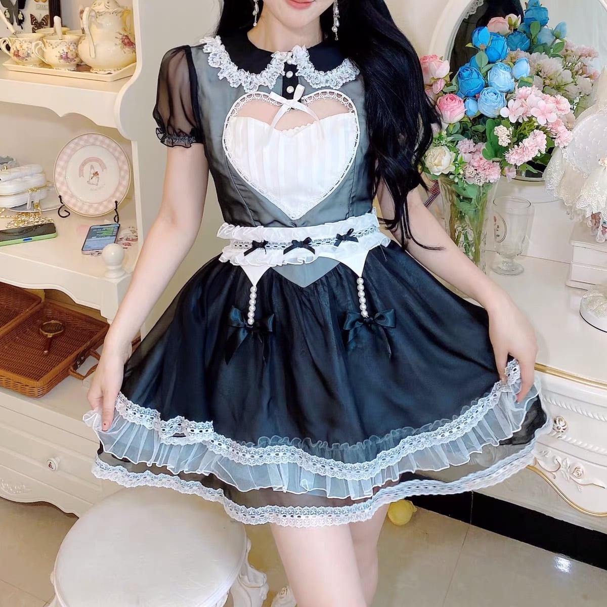 白】ハート 可愛い ワンピース ブラウス ワンピース 白 リボン フリル