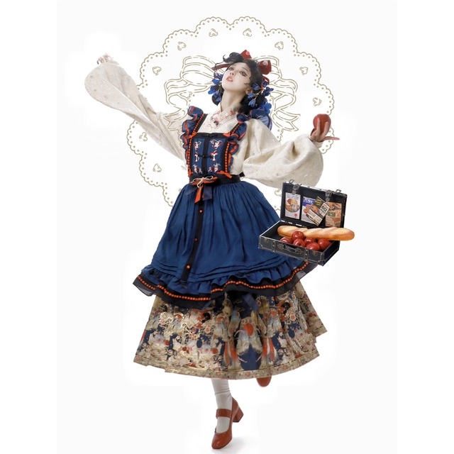 SEASONZ 中華ロリータ チャイナ風 ラップスカート プリーツスカート チャイナ服 中華ボタン 刺繍 バルーンスリーブ 着物風