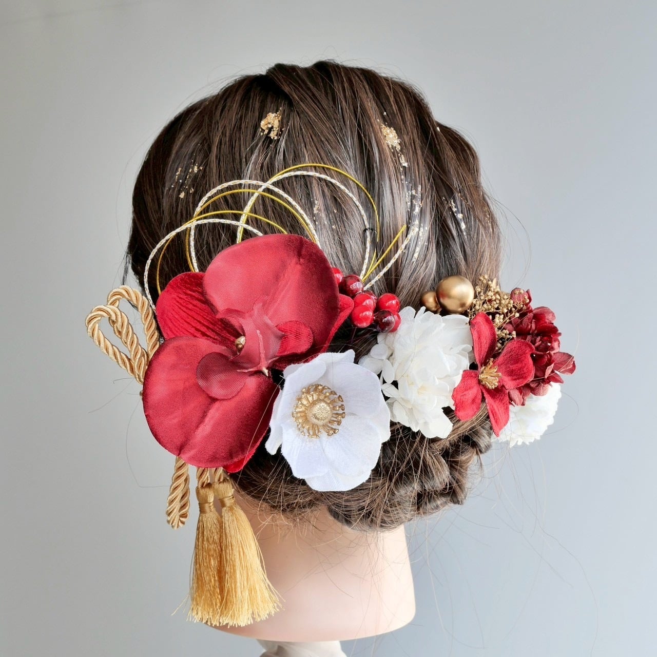 A493 胡蝶蘭 赤 白 髪飾り 卒業式 袴 成人式 振袖 結婚式 和装