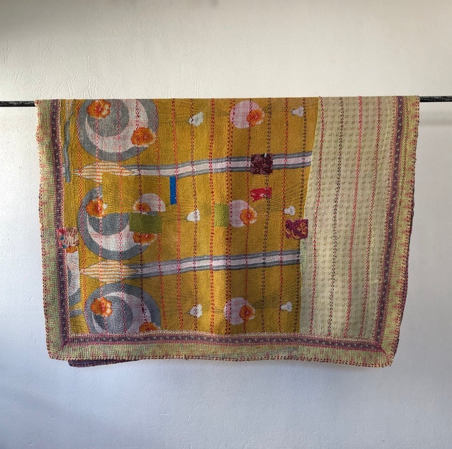 Vintage kantha quilt purple & yellow ヴィンテージカンタキルト