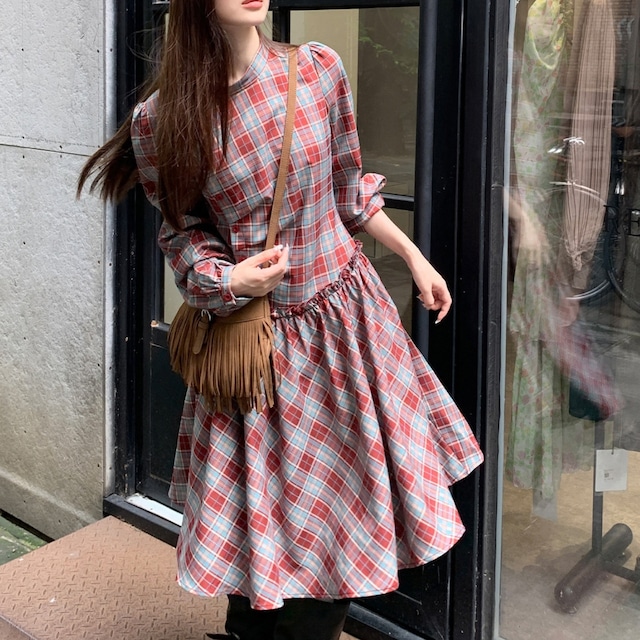 Check Gathered Waist Dress  W00327