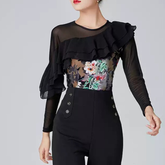 フレアスリーブ 　フラワープリントダンストップス 　 ds1478