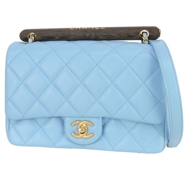 Unused CHANEL シャネル スモール トップハンドル フラップバッグ AS4151 B13085 NO195 ウッドハンドル ライトブルー ハンドバッグ ショルダーバッグ 未使用品