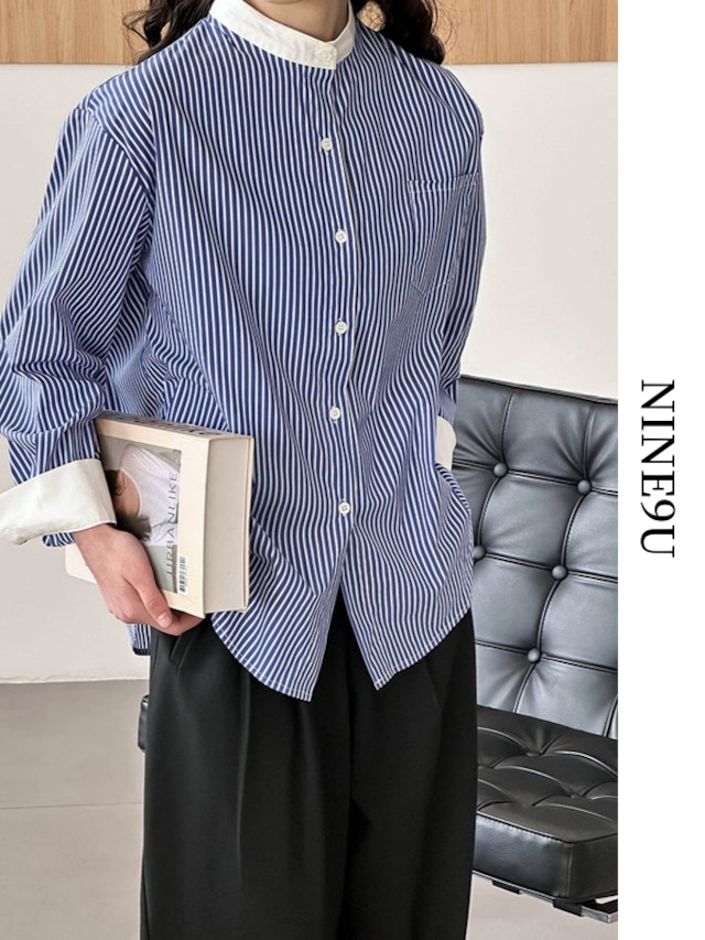stripe band-collar cool shirt【NINE7551】