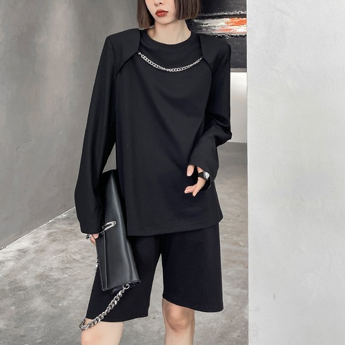 Tシャツ レディースオータムルーズ薄手カジュアルブラックトップス ロング 秋物 ヨーロピアン ラブタオタオダレンハウス3511655481