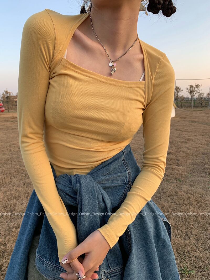 ソリッド カラースリムTシャツ トップス レディース ロング ソリッドカラー スクウェア ビッグFスモールZ韓国68882178557