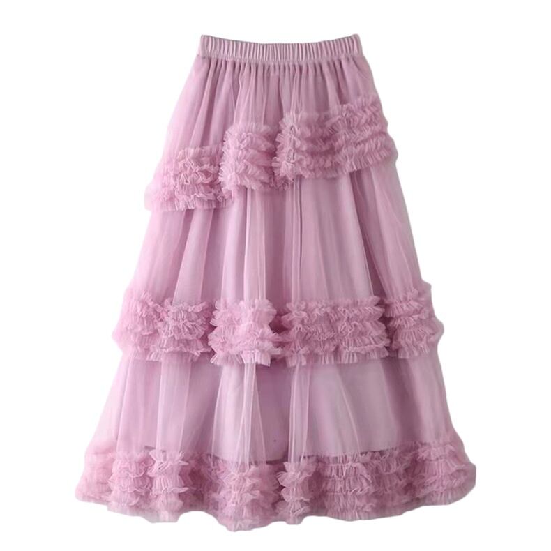 FRILLED LAYERED MESH A-LINE LONG SKIRT 5colors M-4777