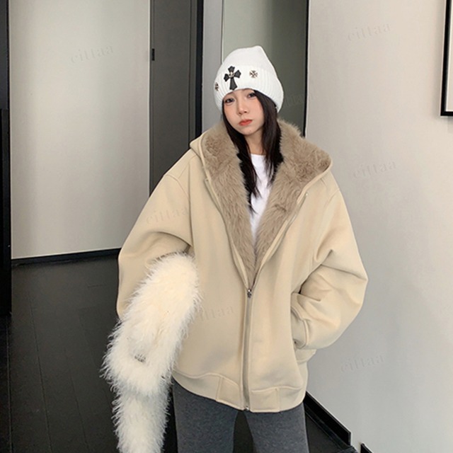 ★予約★D-824　2026新作♡リバーシブルファージップアップパーカー　ライトベージュ