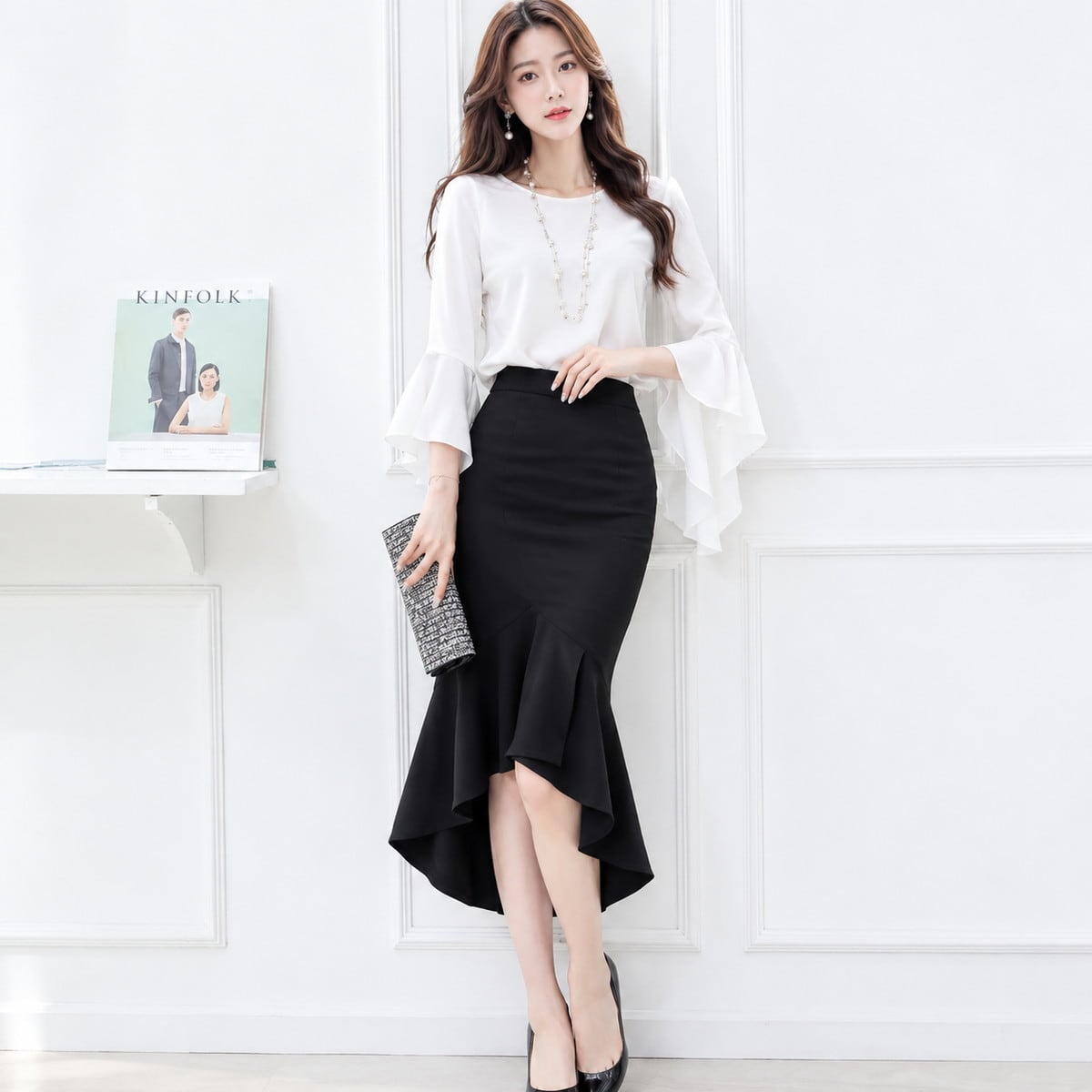 Asymmetric Hem Frill Design Skirt Setup V3691