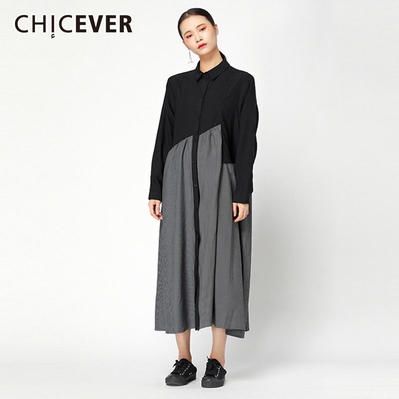 CHICEVERストライプレディースドレスラペル長袖不規則なパッチワークルーズロングドレス女性特大タイド 6base586444655744