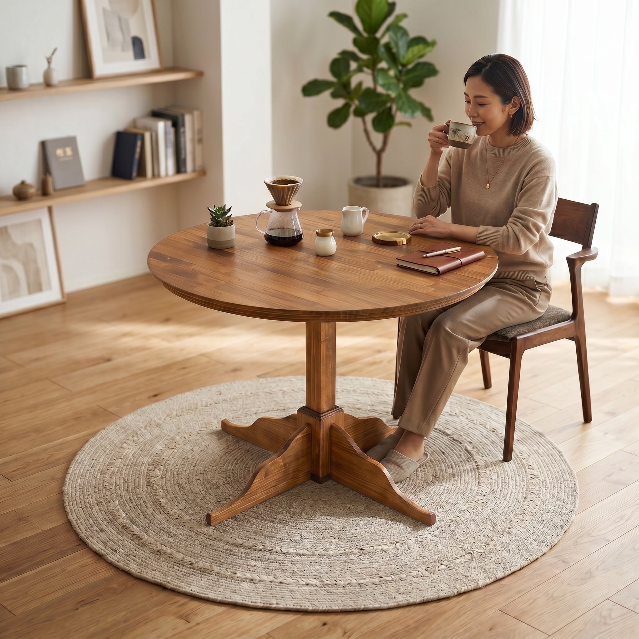 英国アンティーク調 飾り彫り 一本脚丸テーブル / ラウンドテーブル カフェテーブル ウォルナット【サイズオーダー可