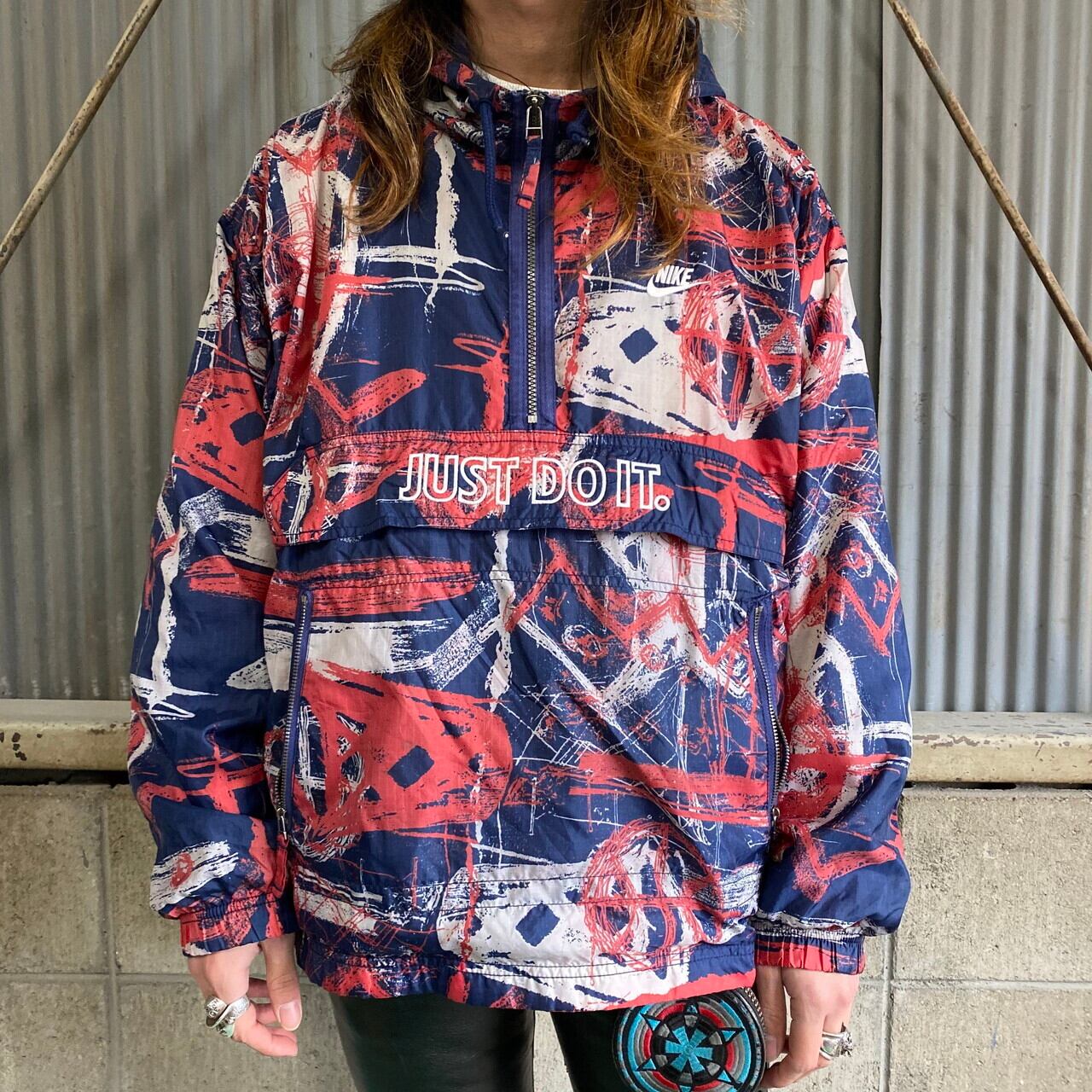 90年代 ナイキ 総柄 プルオーバー ナイロンパーカー メンズL 古着  