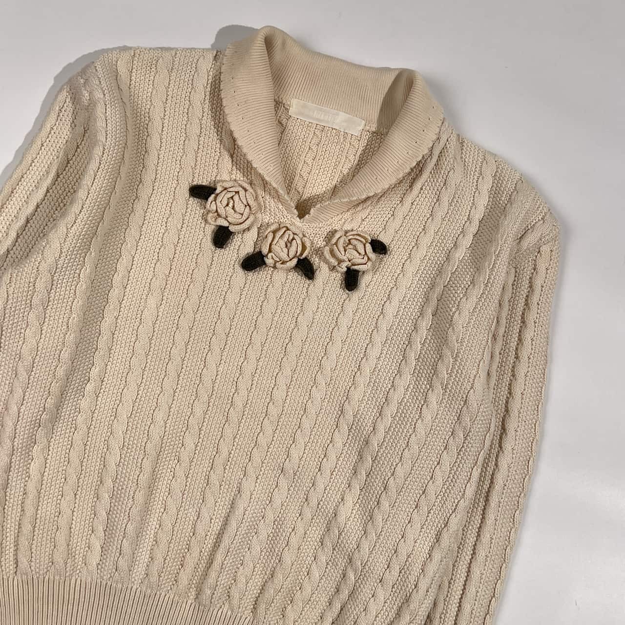 PINK HOUSE ピンクハウス バラ デザイン ケーブル編み 襟付き ニット セーター /ホワイト アイボリー 系 レディース