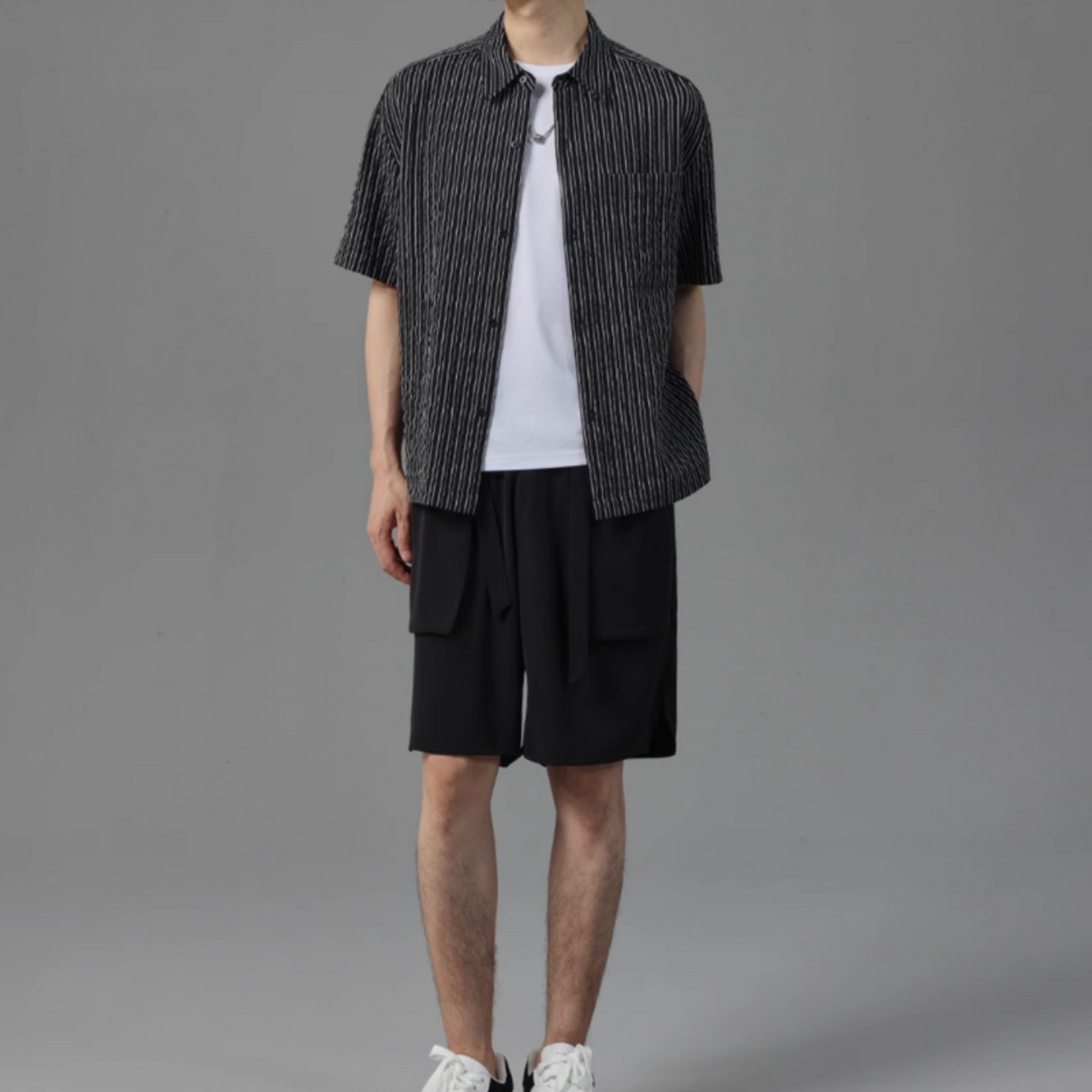 ピンストライプシワ加工半袖シャツ　0633