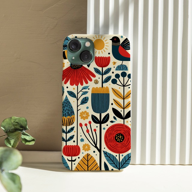 受注生産 iPhoneケース 赤い花と太陽の白背景フォーク柄｜民芸柄 FMSY060A