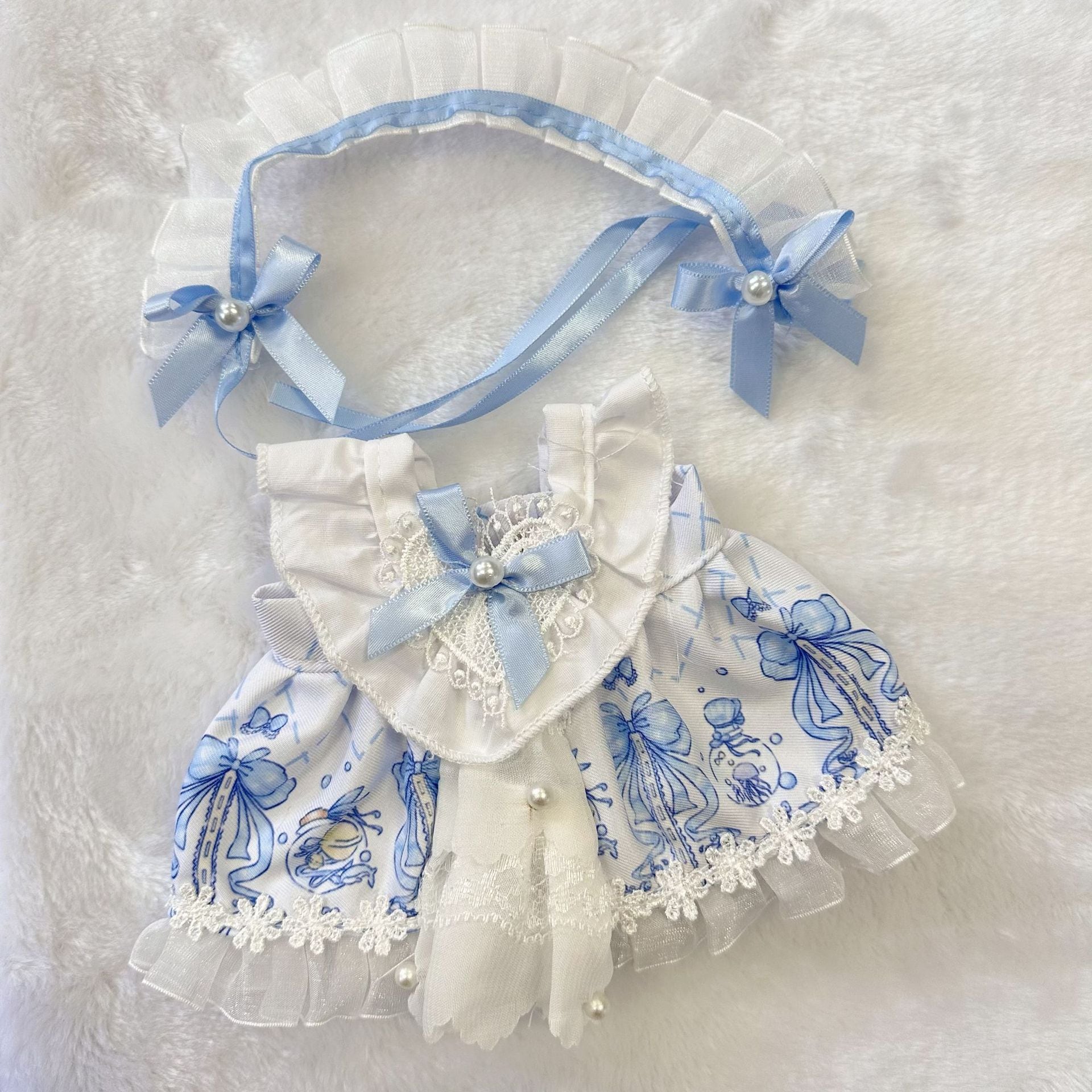 20cmぬいぐるみ用 かわいい リボン柄ワンピース+ヘアバンド プリンセス