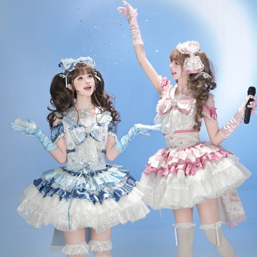 アイドル衣装 水色×白 水玉 編み上げ ハンドメイド オリジナル