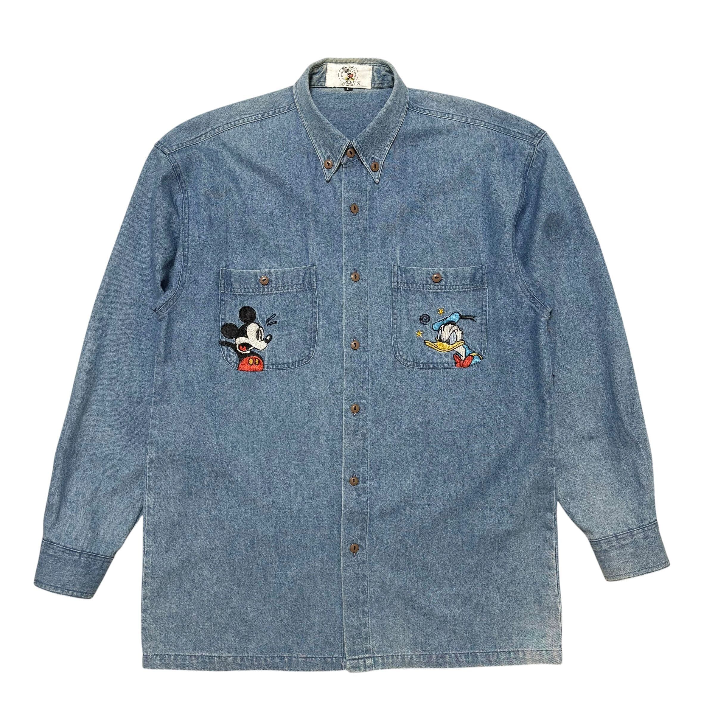 古着 ディズニー ヴィンテージ Disney デニムシャツ BDシャツ 刺繍 ミッキー ドナルド クリーニング済み メンズL