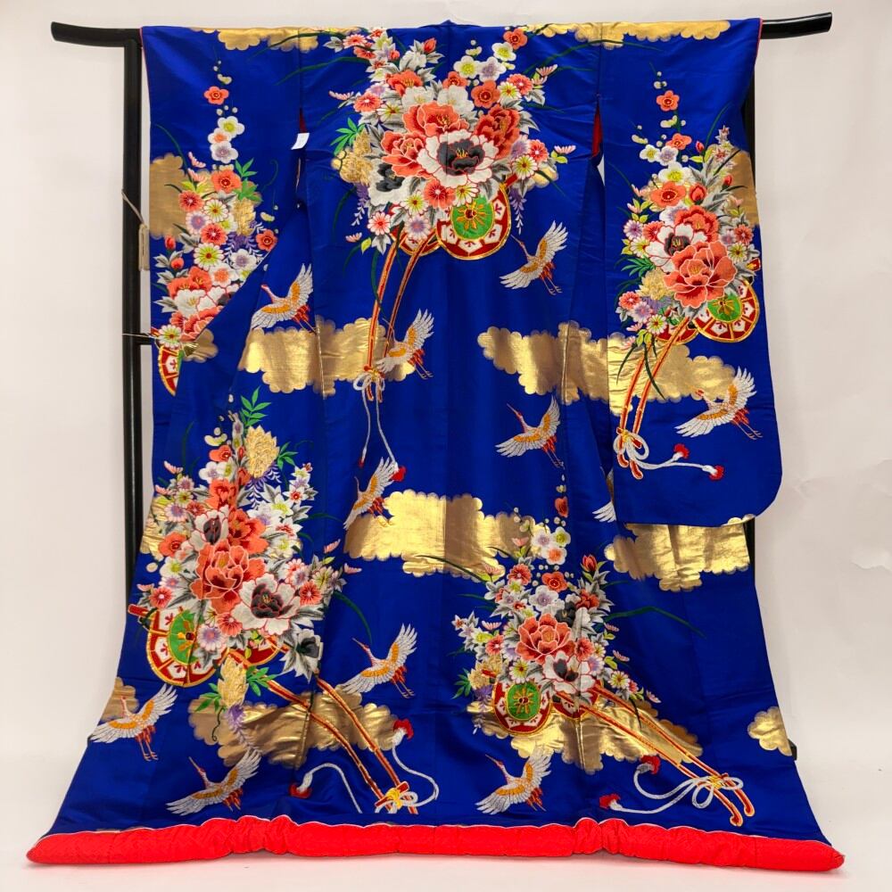 色打掛 正絹 鶴 刺繍 青 打掛 花嫁衣裳 ポリエステル リサイクル 中古 ブライダル ウエディング 着物 6644