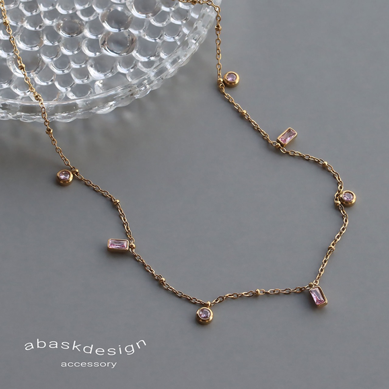 【ネコポス便】ピンクキュービックジルコニアネックレス  金属アレルギー対応 ドットチェーン ネックレス サージカルステンレス レディース ネックレス 華奢 2376