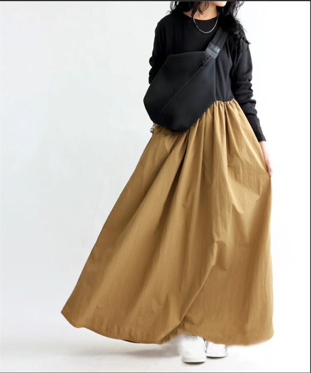 韓国風 切り替え ラウンドネック マキシワンピー