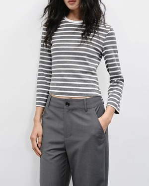 Cropped long sleeve border T-Shirt L0069