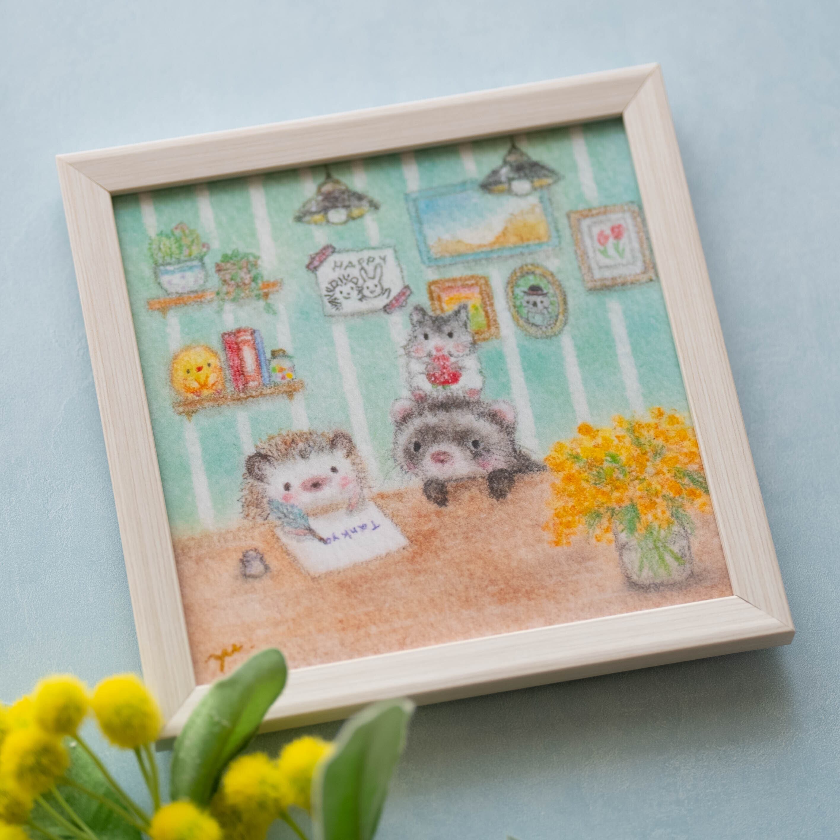 複製画】「大好きなあの子へ」 パステルアート ハリネズミ ミモザ