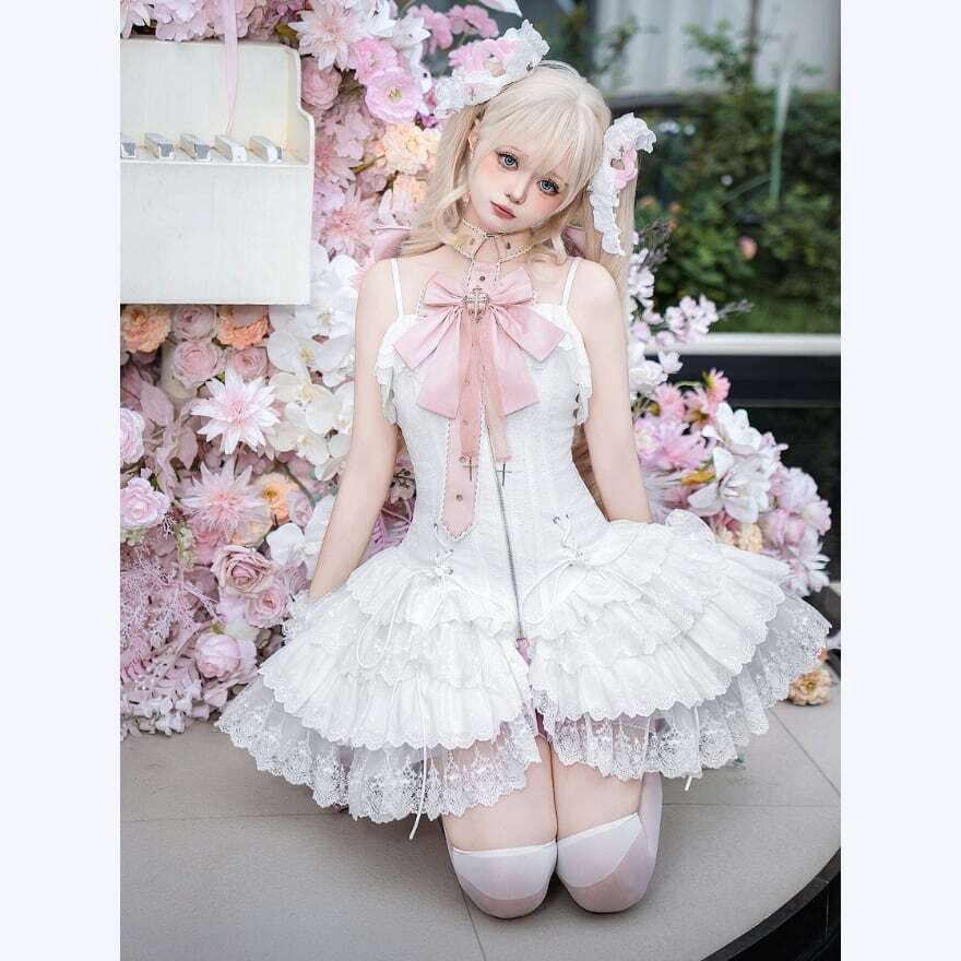 ロリータファッション 白薔薇リボンレースフリルOPセット | ロリィタ