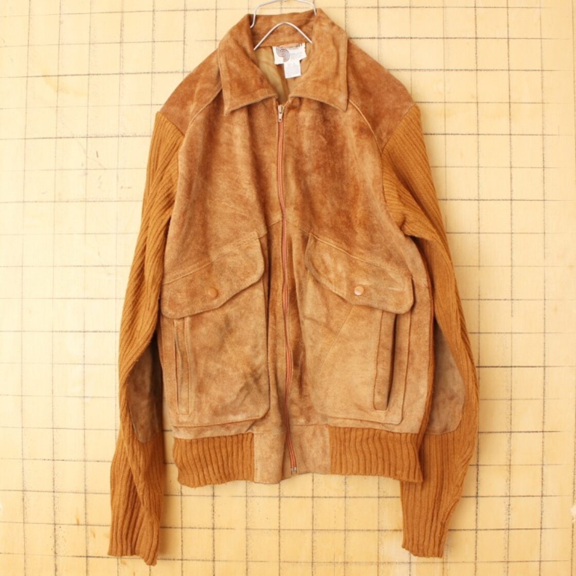 70s 80s USA SILTON ジップアップ ニット スウェード レザー 