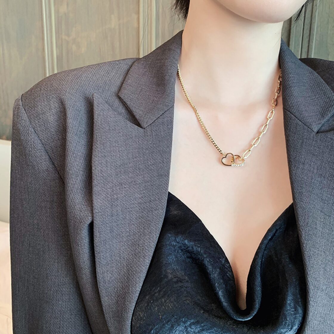 ダブルハート ネックレス CZ チェーン付き レディース ペンダント 合金 