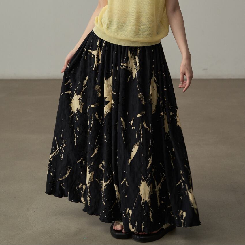 crinkled abstract print long skirt L0562