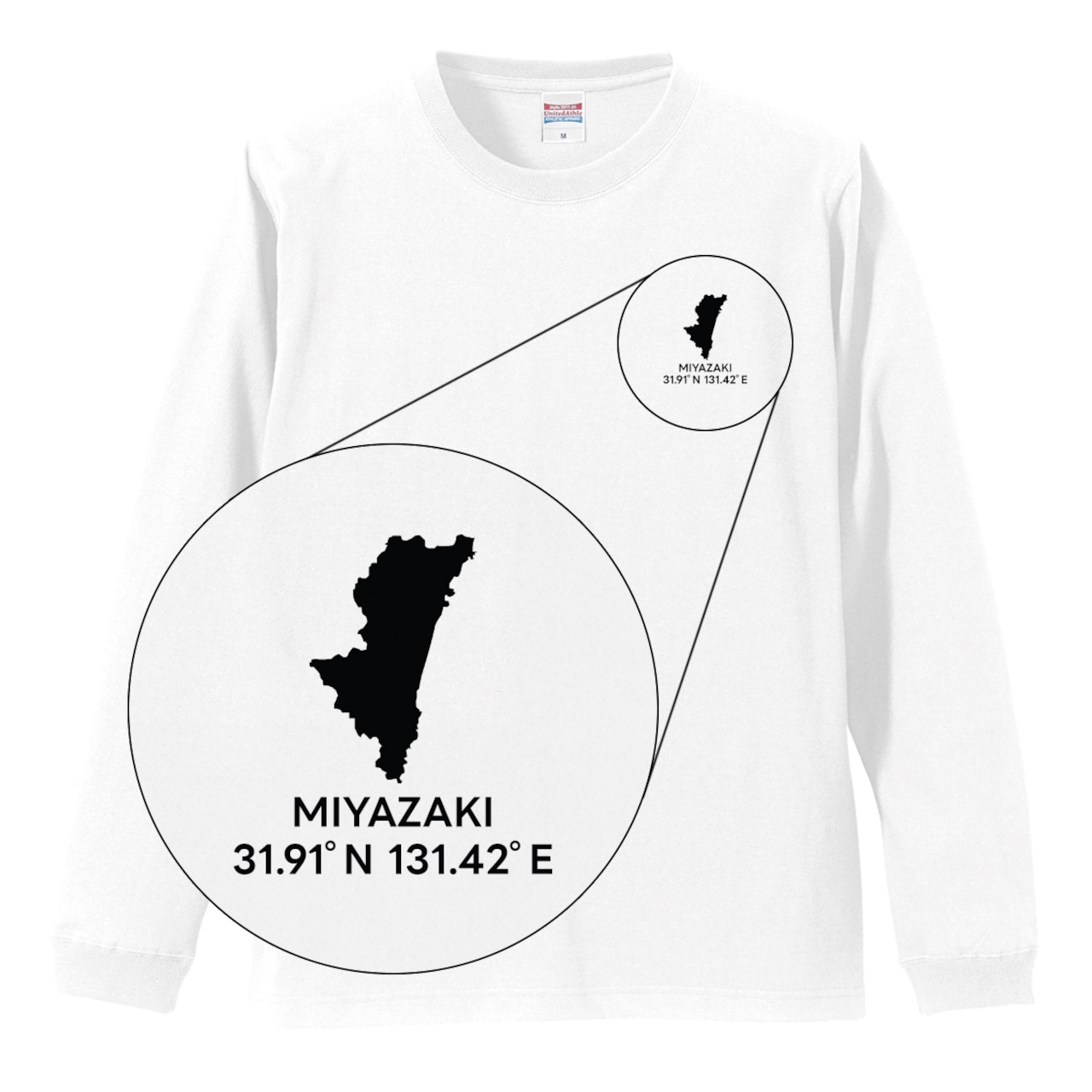 《宮崎》 緯度経度ミニマルロングスリーブTシャツ|地図×地名×ワンポイントデザイン