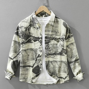 【M-3XL】Denim Print Long Sleeve Shirt / デニム プリント 長袖 シャツ