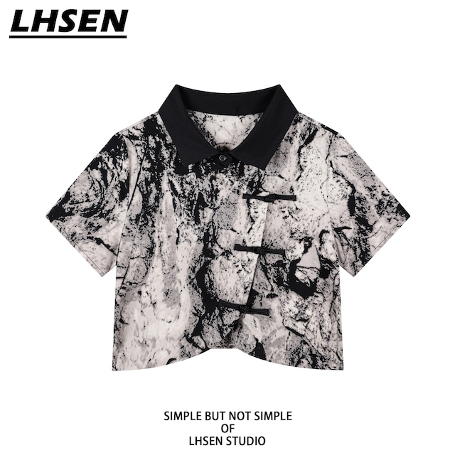 【LHSENシリーズ】★チャイナ風トップス★ Tシャツ レディース 水墨柄 ショート丈 中華服 合わせやすい 可愛い