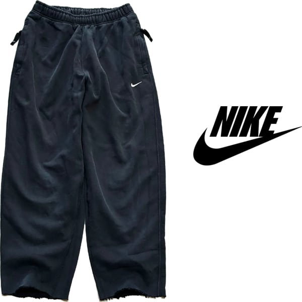 “NIKE ナイキ　90s ブラックデニムパンツ 1点物◇ナイキNIKE黒カットオフ裾ワイドスウェットパンツ古着メンズSM