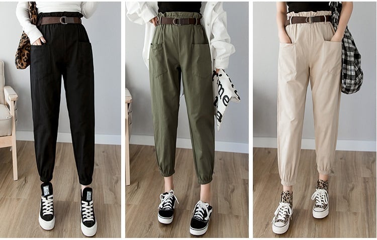 パンツ ボトムス ズボン レディース クロップドパンツ カーゴパンツ ハーレムパンツ アーミーパンツ 春 夏 秋 10代 代 30代 40代 大きいサイズ Xl 2xl 韓国 カジュアル パンツ コーデ かっこいい ハイウエスト 9分丈 ブラック 黒 無地 カーキ グリーン ベージュ ベルト