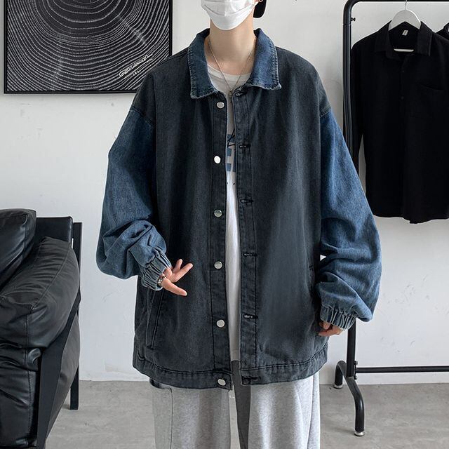 【予約販売】デニムジャケット Gジャン メンズ バイカラー 切り替え アウター ストリート オーバーサイズ ジージャン ブルー ブラック こなれ感 お洒落 韓国 トレンド 春 秋 冬 M/L/XL/2XL