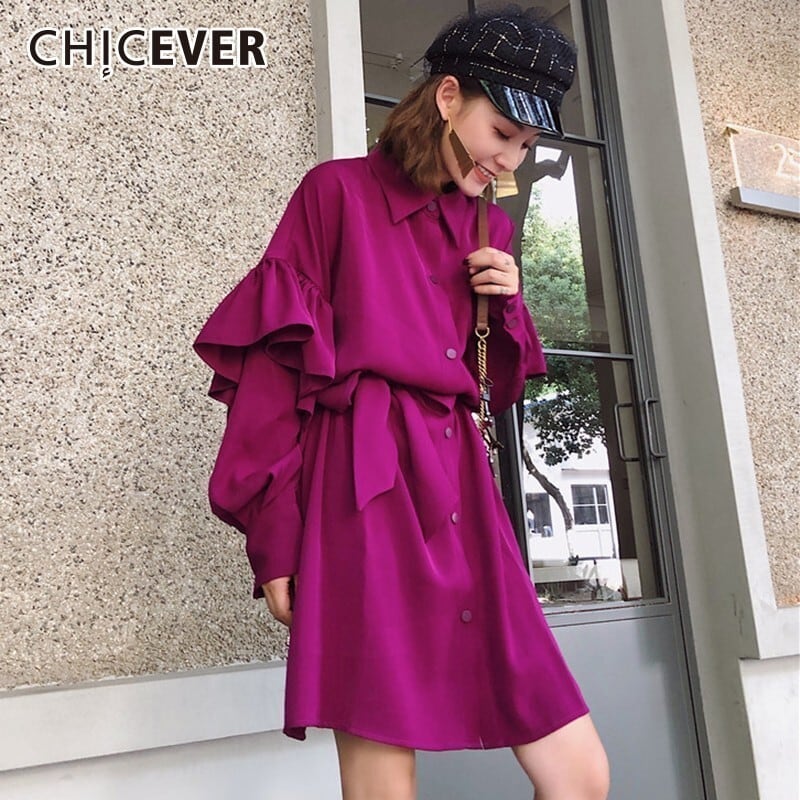 CHICEVERフリルドレスレディースランタンスリーブウエストボウ包帯パープルドレスオータムタイド リボン ラッフル 秋物 6base517900946669