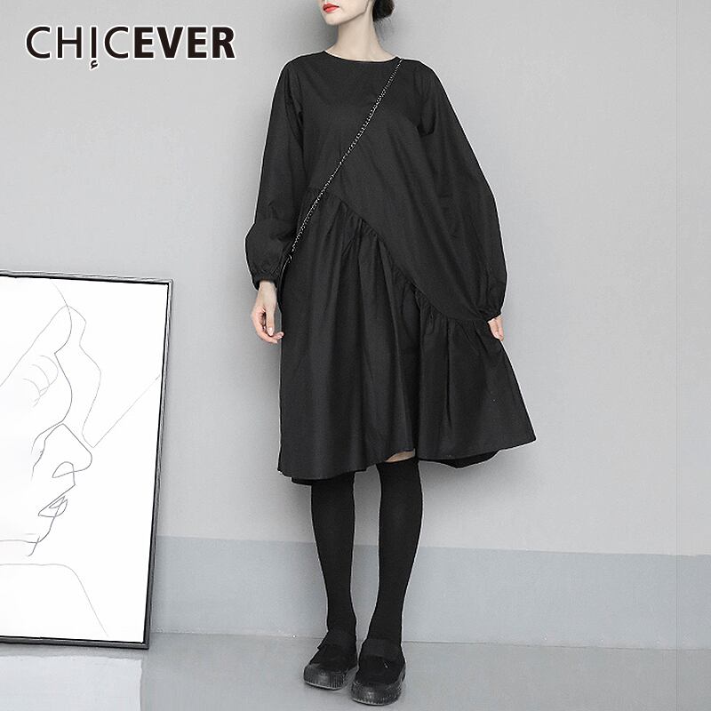 CHICEVERブラックドレスレディースOネックランタン長袖シャーリングフリルヴィンテージAラインドレス2020春 ロング ラッフル スプリング 春物 ビンテージ 6base554052886487