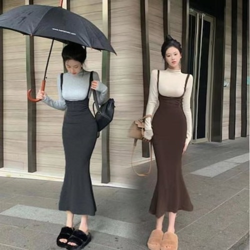 港風 高級感 受け取って腰 サスペンダースカート レディース 秋冬 シック トップス タイトスカート 2点セット