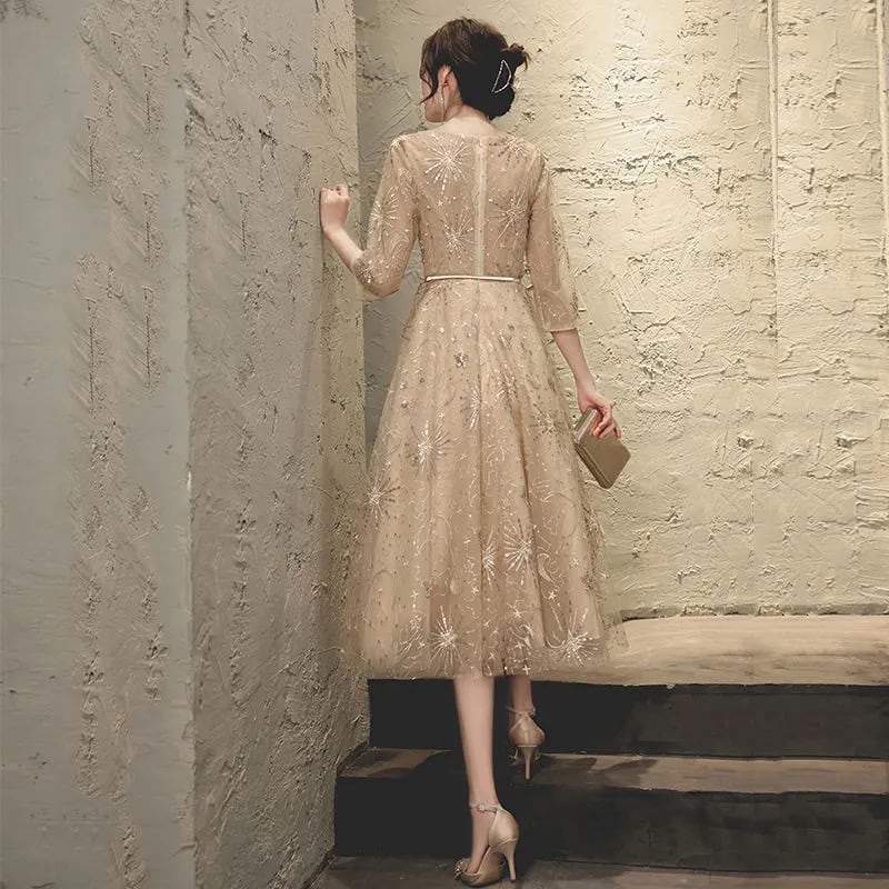 イヴニングドレス ロンイドレス パーティードレス シャンパンゴールド