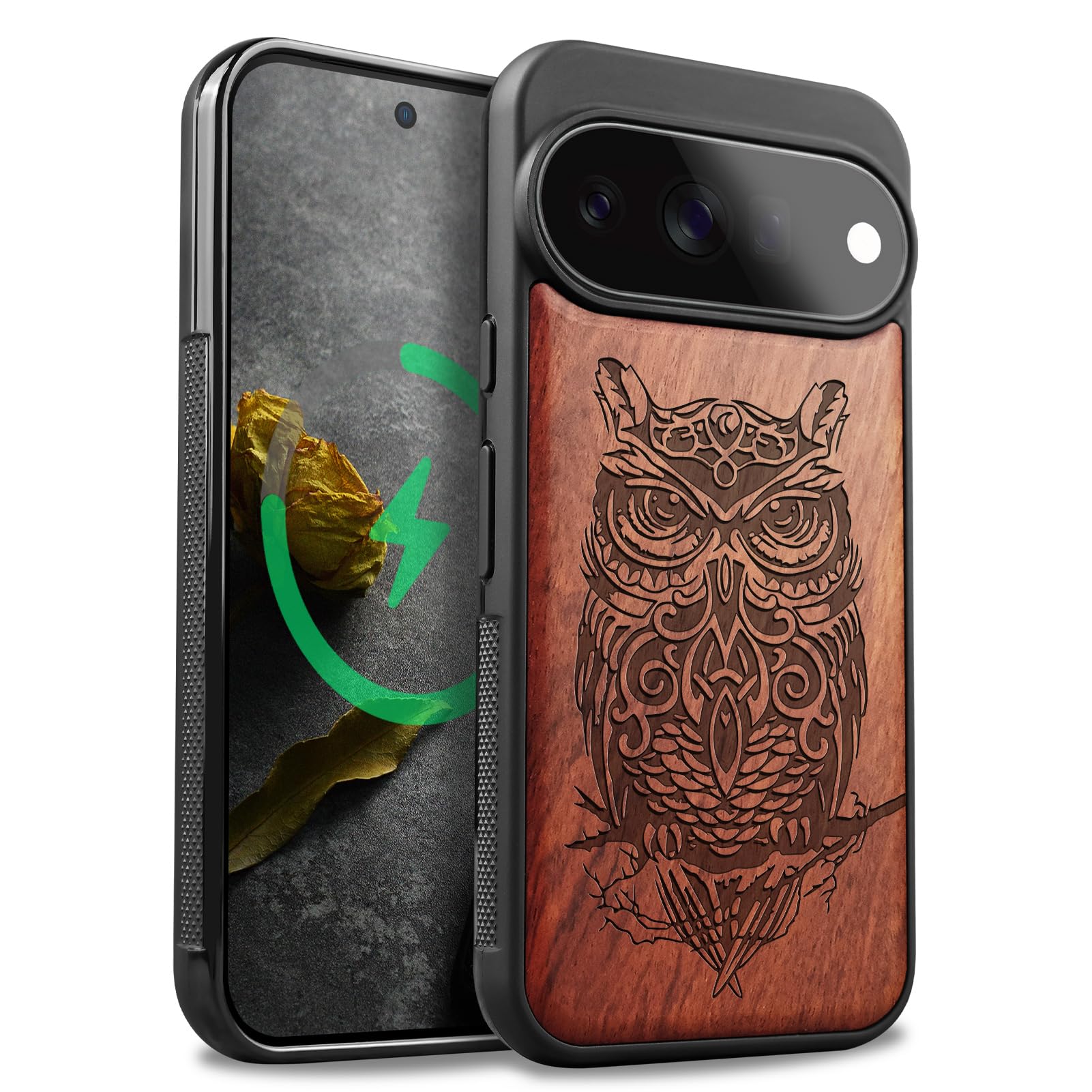 Carveit Google Pixel 11 Pro 用 木製 ケース 衝撃吸収TPU (バラ色-夜の優雅さ)