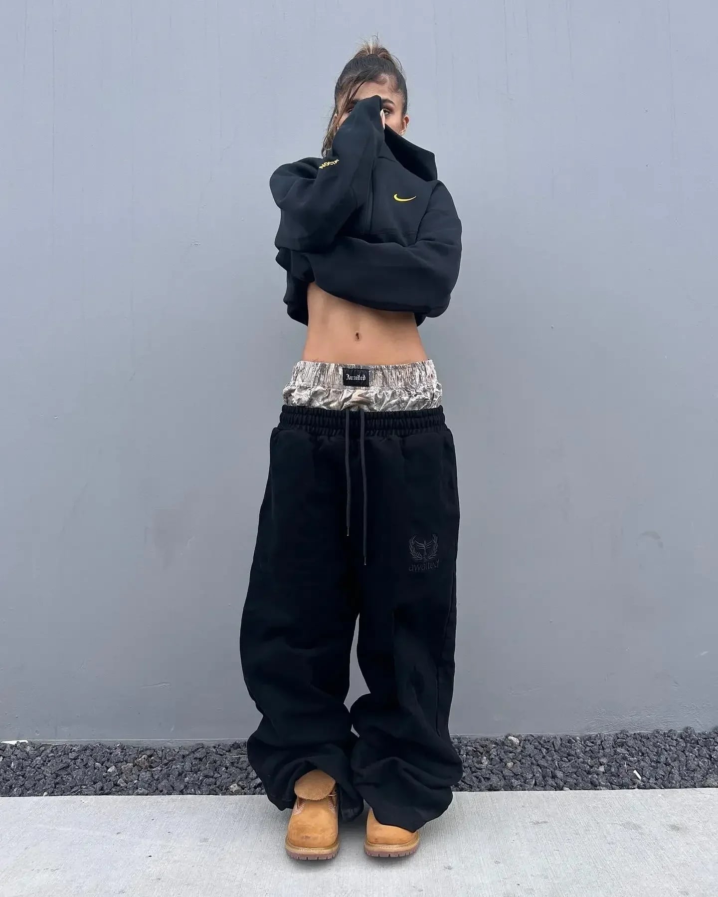 重ね着風 スウェット パンツ ダブルウエスト 韓国 海外 ストリート