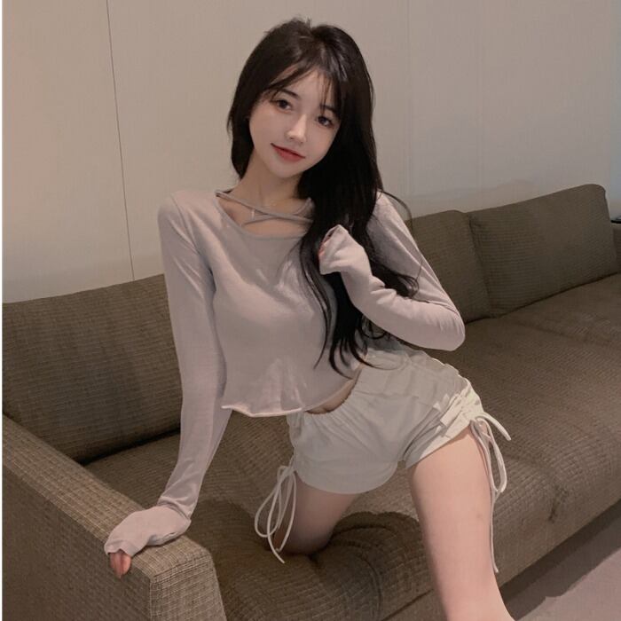 スプリングサマークロスレッドTシャツ ハイウェストウェストショーツ スタイルレディース ロング 春物 夏物 ブルマー ドラファッションホール34423951481