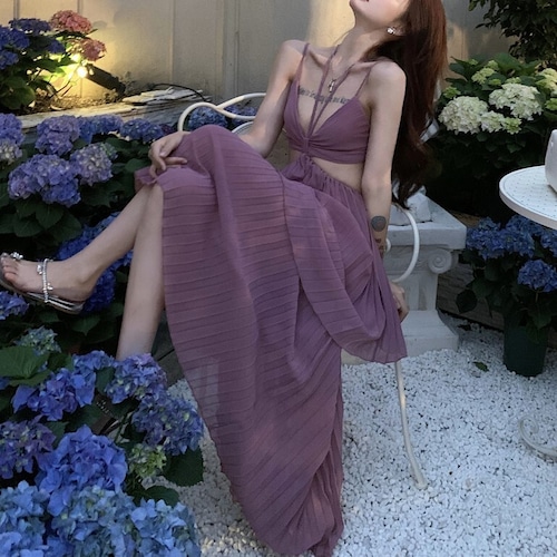 ワンピース ロング ドレス プリーツ ホルターネック 背中空き シフォン 大人 きれいめ リゾート 撮影 ウエスト セクシー リボン 変形 レディース ybh1198