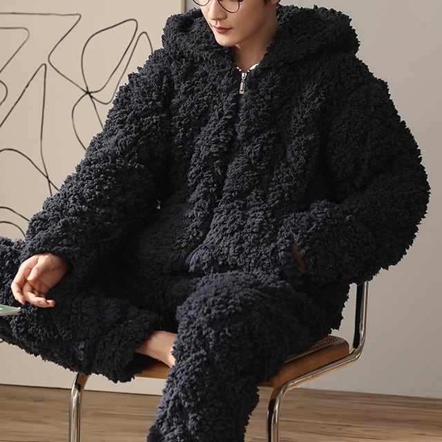 【予約販売】メンズ セットアップ 上下 長袖 フーディー もこもこ 防寒 パーカー ブラック ルーズ 男前 スエット 韓国 パンツ セット ジム カジュアル 部屋着 リラックス ルームウエア パジャマ 韓国 トレンド 大きいサイズ L/XL/2XL